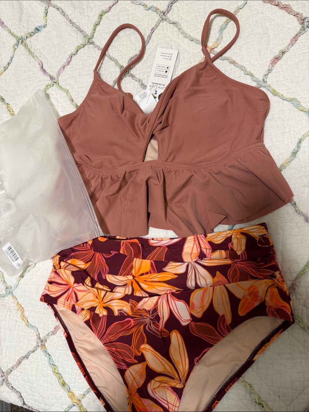 Cupshe Mauve Peplum Tankini Top with Burgundy & Orange Floral High-Waist Bottom